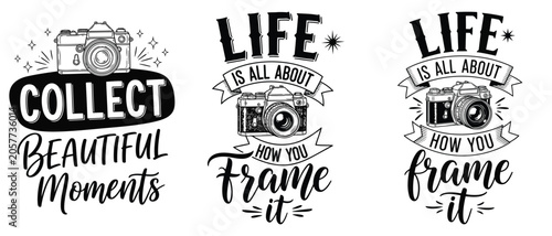 Set of vintage camera typography tshirt designs with motivational quotes about photography, isolated on white background vector t shirt