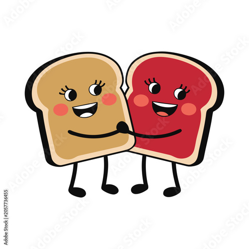 Cute cartoon peanut butter and jelly toast holding hands