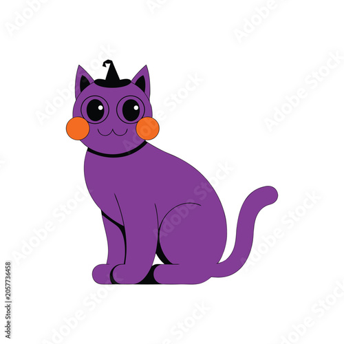 Cute purple cat wearing a small witch hat for halloween