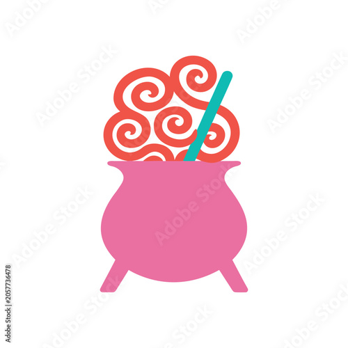 Pink magic cauldron with swirling steam and stirring spoon