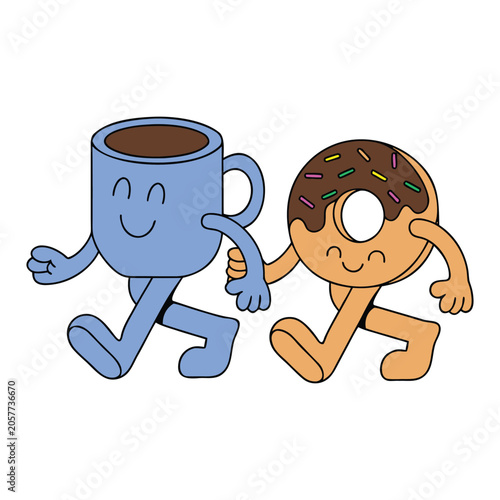 Cute cartoon coffee mug and donut holding hands walking