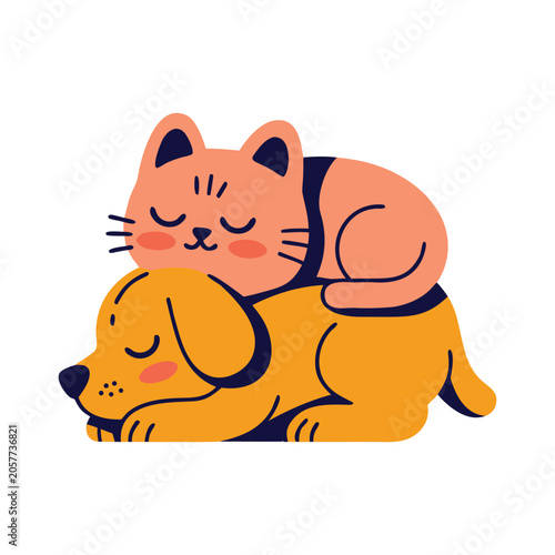 Cute cat and dog sleeping together in a flat illustration