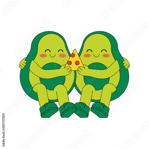 Two happy cute avocado characters sharing a slice of pizza