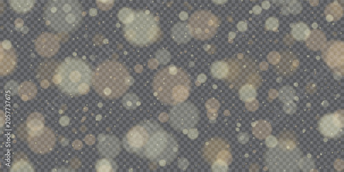 Seamless bokeh texture with yellow blurred circles and overlay  transparency effect. Abstract bg layer with light flare or glitter. Vector illustration.