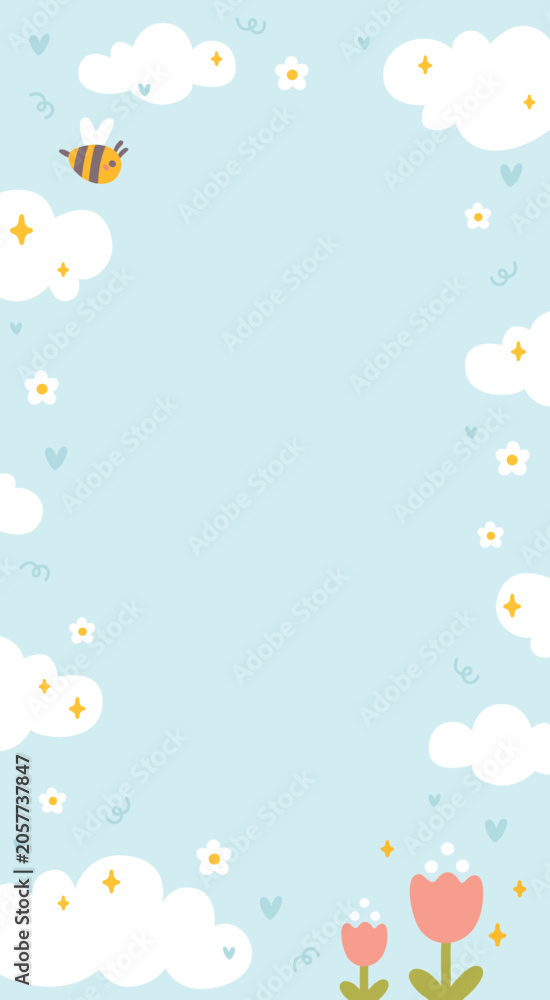 Naklejka premium Sky vertical background vector with cartoon clouds. Cute blue template with funny bee and tulip flowers for kids phone wallpaper, modern childish notebook cover, baby stories layout.
