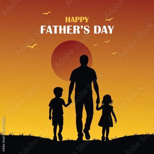 Father holding hands with children on father's day sunset