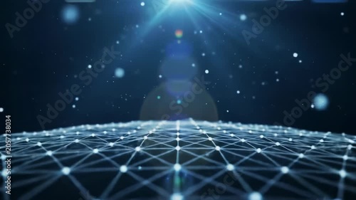 A vast, dark, futuristic digital landscape with a sleek, minimalist abstract network of glowing lines and nodes, as a brilliant blue-white light source emerges and ascends from behind, creating