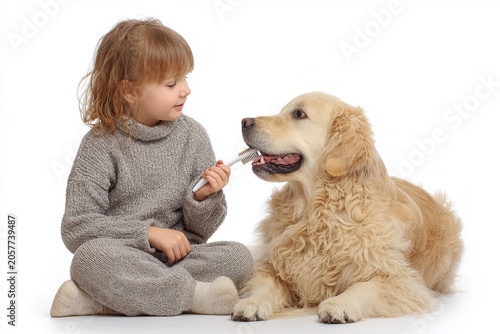 A young child in a grey knitted outfit sits cross-legged, offering a treat to a golden retriever. The dog attentively looks at the child as it takes the treat.