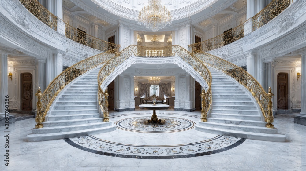 Fototapeta premium Grand interior foyer showcases sweeping dual marble staircases with ornate golden railings leading to an upper level balcony