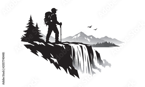 Lone adventurer standing at edge of waterfall cliff in summer mountains