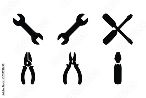 Tableau sur toile Collection of six tool icons with wrenches pliers and screwdrivers on white back