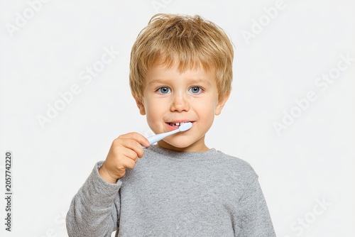 A young boy with blond hair and blue eyes brushes his teeth with a toothbrush, looking at the camera with a slight smile.