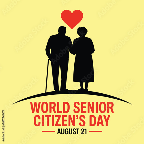 World senior citizens day illustration with silhouette of an elderly couple holding hands and a red heart