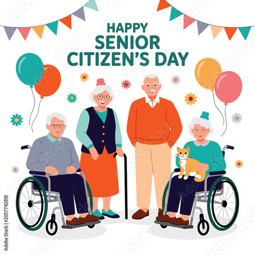 Happy senior citizens day celebration with group of elderly people and a cat