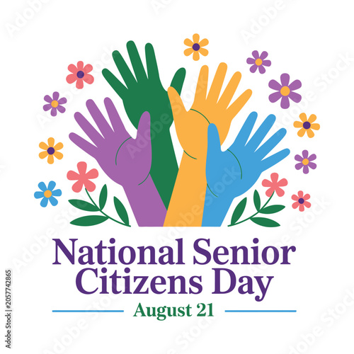 National senior citizens day celebration greeting card design with colorful raised hands and flowers