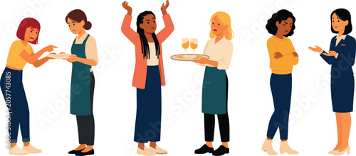 Angry customers complaining to restaurant waitress and hotel staff vector character set showing hospitality service complaints, bad food experience, and conflict scenes