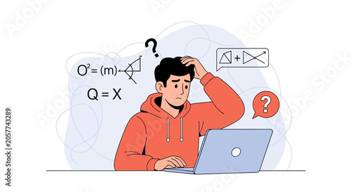 Confused student or programmer with laptop and complex formulas, struggling with problem-solving and learning