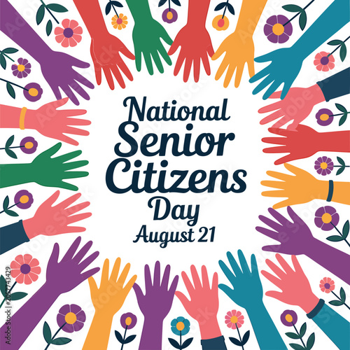 National senior citizens day august 21 greeting card with colorful hands and flowers isolated on white background