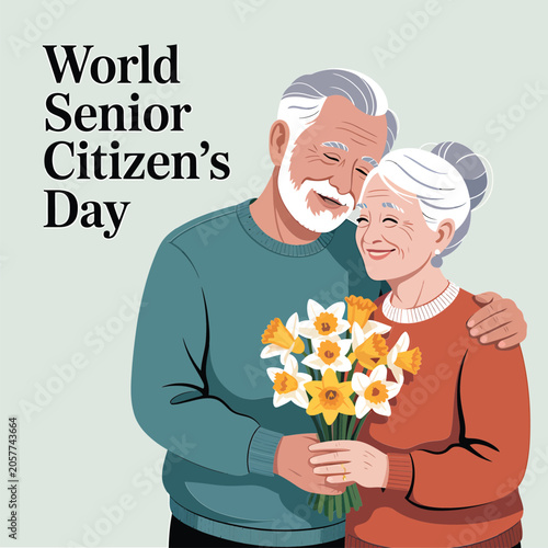 World senior citizens day illustration with an elderly couple embracing and holding a bouquet of daffodils