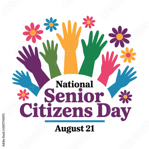 National senior citizens day celebration design with colorful raised hands and flowers isolated on white background