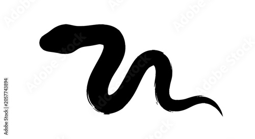 Stylized black brushstroke silhouette of a snake's head and curving bo