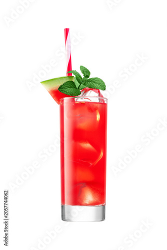 Fresh watermelon juice in a glass with watermelon slice and mint isolated on white background.
