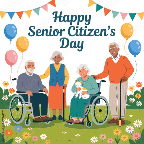 Happy senior citizens day illustration with elderly people and a cat in a garden