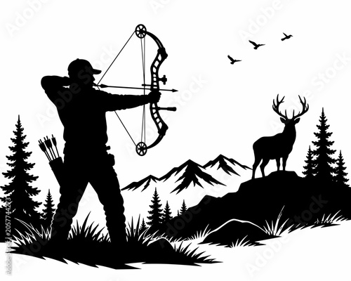 Hunter aiming with a bow silhouette against a mountainous landscape with deer and birds