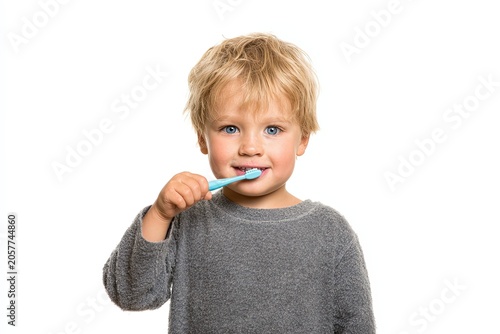 A young boy with blonde hair and blue eyes brushes his teeth with a blue toothbrush, his expression conveying a sense of childhood innocence and healthy habit formation.