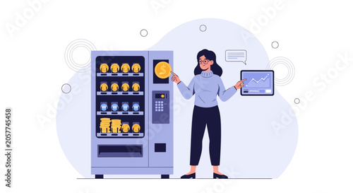 Woman with Vending Machine and Financial Growth Chart - Business Investment and Profit Concept