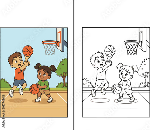 children shooting basketball coloring book page vector cartoon illustration activity set