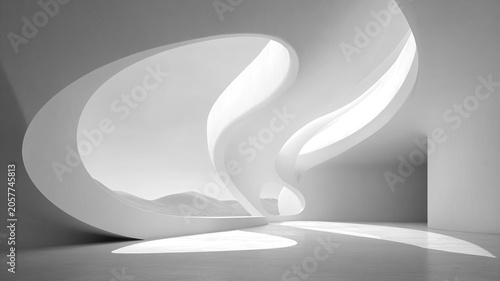 futuristic architectural interior with curved white walls and large skylight, soft natural light illuminating minimal space, modern design concept