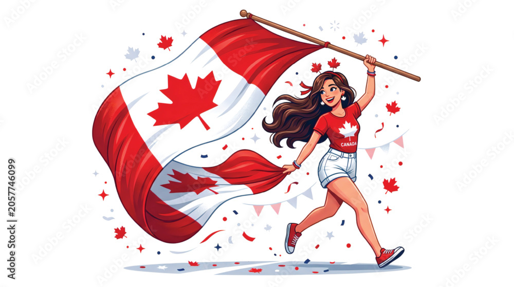 Obraz premium Canadian woman joyfully running with the national flag and confetti celebrating a national holiday