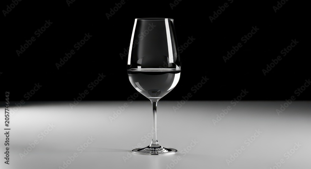 Fototapeta premium Elegant clear glass filled with liquid on a clean reflective surface in monochrome studio lighting
