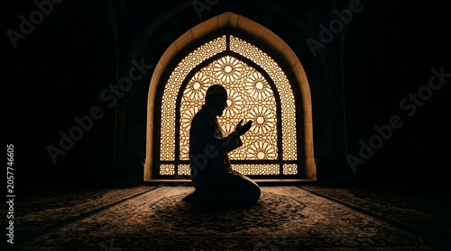 Silhouette of muslim man kneeling and praying inside mosque with glowing geometric window.