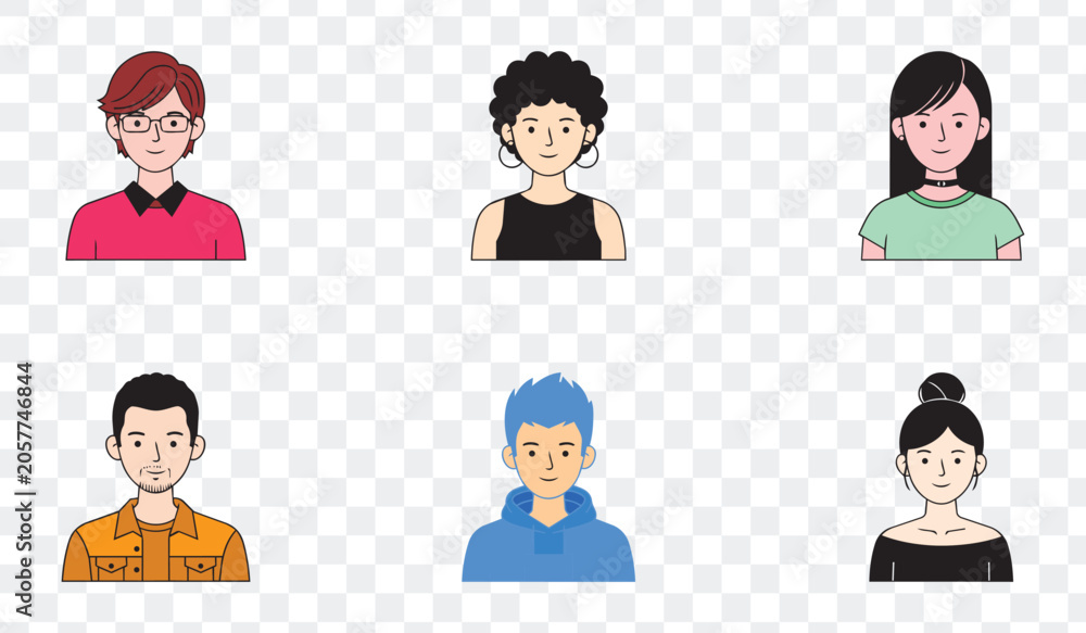 Fototapeta premium Diverse Avatars Set Modern Flat Design User Profile Icons for Web, App UI, Social Media Team Representation