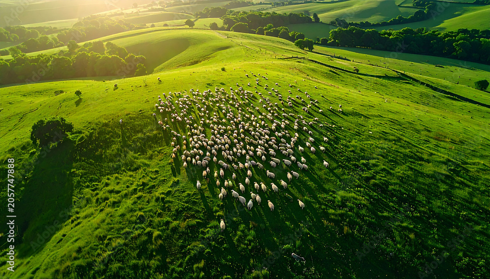 Obraz premium A flock of sheep scattered across a wide green pasture, aerial drone photography background