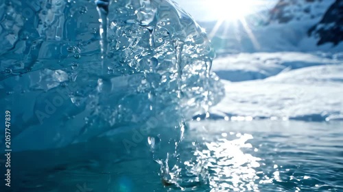 Cinematic slow motion close up of crystal clear water droplets dripping from a melting ancient glacier ice shelf in the sun