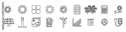 Renewable energy and smart grid infrastructure outline icon set