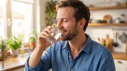 Adult Man Rehydrating His Body First Thing in the Morning
