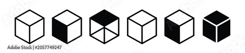 set of cubes vector icons, black simple cube pictogram, 3D box graphic concept, geometric shape and packaging symbol, clean minimal vector illustration.