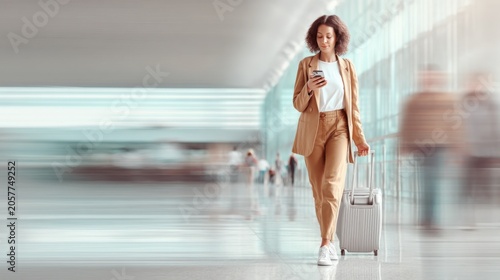 Confident professional woman with suitcase walks through airport terminal holding smartphone, modern travel concept