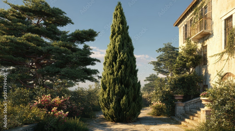 Fototapeta premium Garden pathway with a tall cypress tree. AI generated image