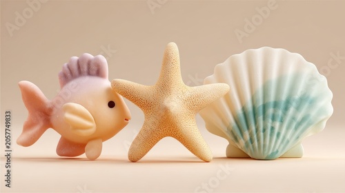 Pastel sea creatures on a beige background