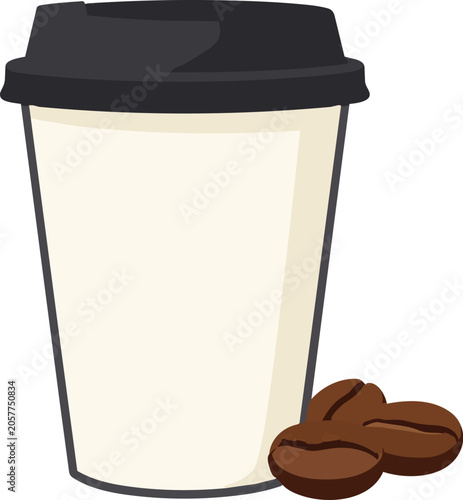 Paper coffee cup with black lid and roasted coffee beans on white background vector illustration