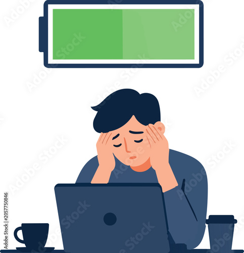 Tired and stressed businessman working on laptop with high battery energy bar vector concept