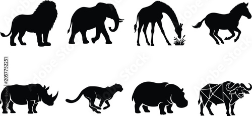 Photography Black Silhouette Collection of Eight African Safari Wild Animals on White Backgr