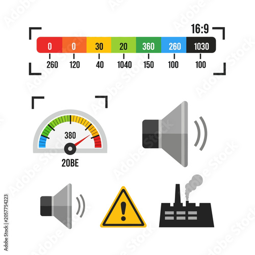 Industrial noise level and sound measurement infographic elements, decibel meter gauge, audio speaker icons, hazard warning sign, and factory silhouette vector illustration