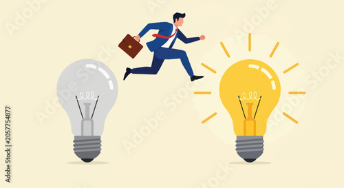 Photos Business man jumping from turned off light bulb to glowing one representing innovative idea creation conceptual transition from dullness to bright success