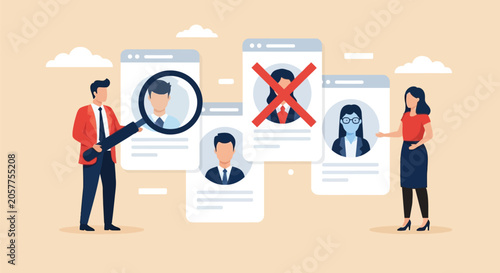 Fotografi Human resources recruitment process showing manager using magnifying glass to inspect candidate profiles while selecting best employee among diverse resumes